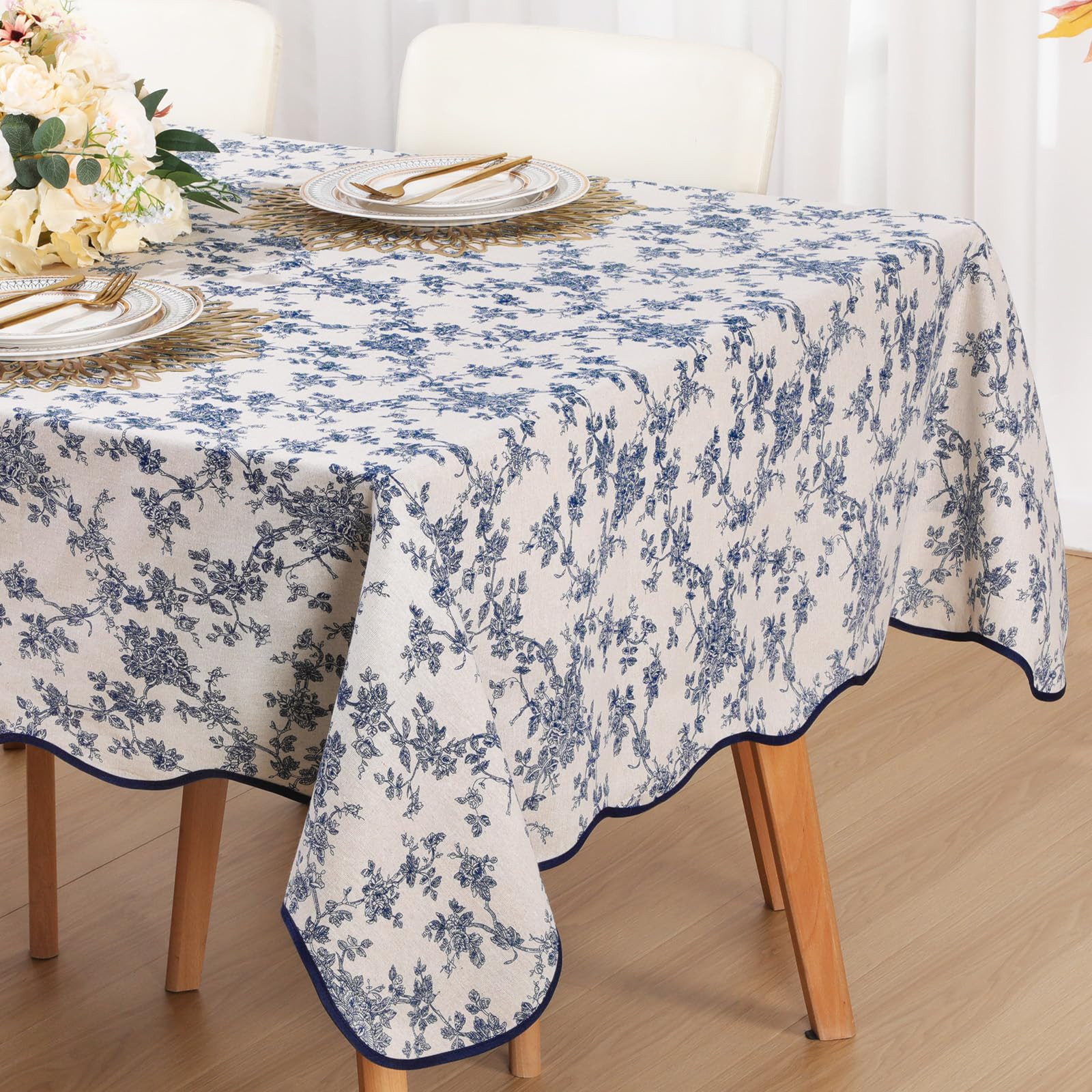 Newwiee Cotton Linen Vintage Rectangle Tablecloth Scalloped Edge Pastoral Table Cover Farmhouse W... | Amazon (US)
