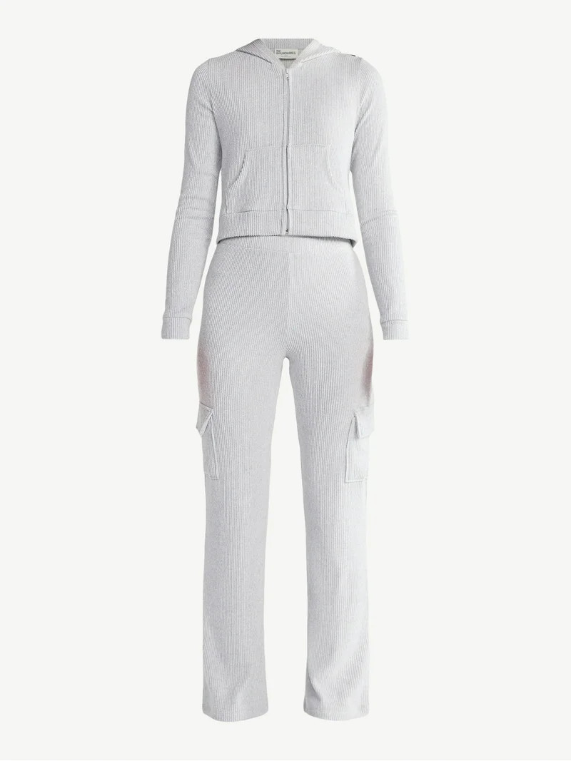 No Boundaries Brushed Ribbed Zip-Up Hoodie and Flare Pants Set, 2-Piece, Women's | Walmart (US)