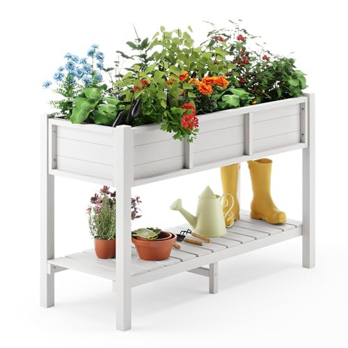 LUE BONA Raised Garden Bed with Tools, 45*18*29 in, Poly Elevated Planter Box with Legs And Storage Shelf, Weather Resistant, 3-Year Warranty, Standing Growing Bed Herb Planter for Vegetable, White | Amazon (US)