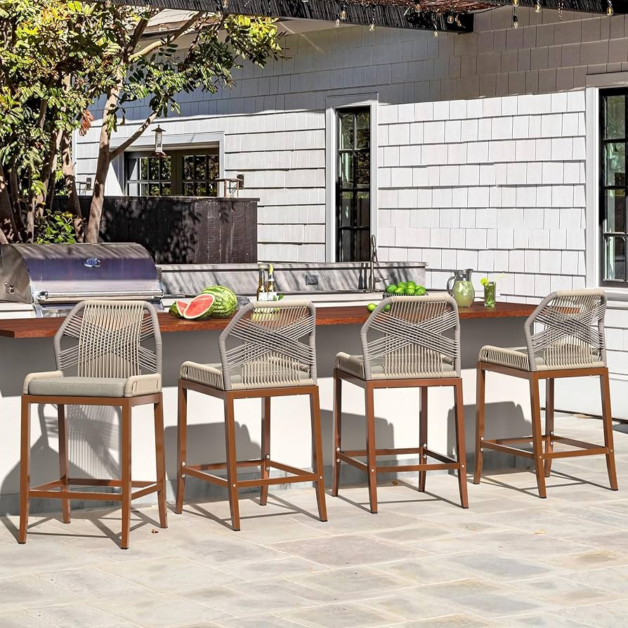 Rattan Boho Counter Height Bar Stools Set of 4, 27.5" H Woven Rope Back Outdoor Barstools with Al... | Amazon (US)