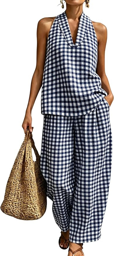 QIBABU Womens Summer Gingham 2 Piece Set Halter Neck Sleeveless Top Pant Sets Casual Cotton Loung... | Amazon (US)