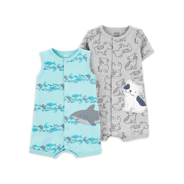 Child of Mine by Carter's Baby Boys Short Sleeve Footless Snap Up Romper, 2 Pack | Walmart (US)