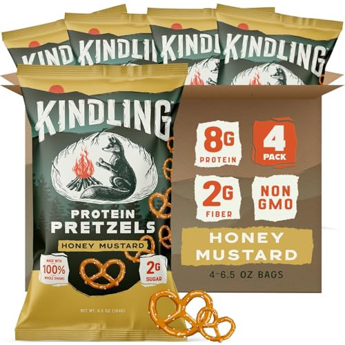 Kindling Protein Pretzels - Honey Mustard | Protein-Packed Snack | Kosher | 8 - 9g Protein Per Serving | Only 1-2g of Total Sugar | No Artificial Flavors, Soy-Free | Kid’s Snacks & Lunches, Office Snacks, & On-the-Go | 4-Pack (6.5oz Bags) | Amazon (US)
