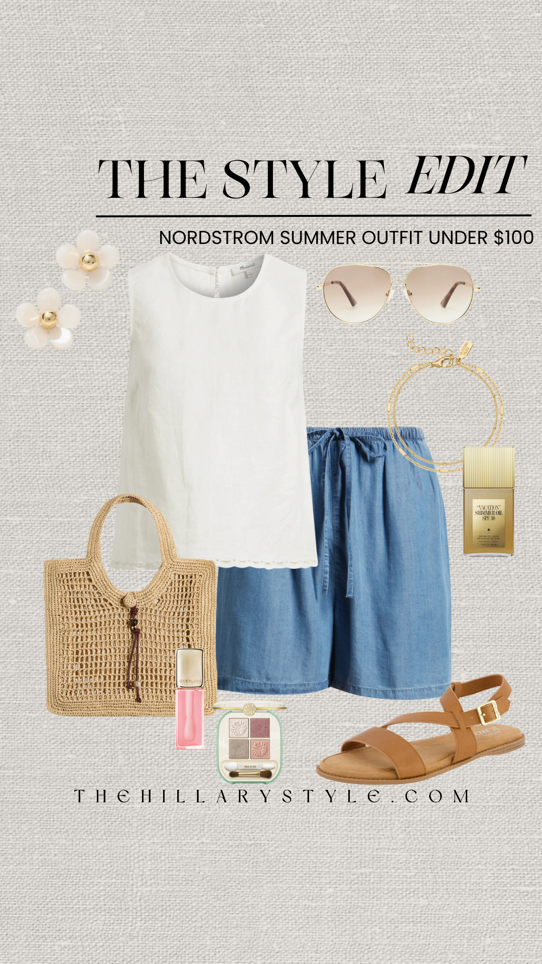 The Style Edit: Nordstrom Summer Outfit Under $100
Get ready for warm weather with this effortless, budget-friendly Nordstrom summer outfit edit! This chic, casual everyday look includes pieces each under $100. Featuring a lightweight white tank, relaxed denim-look drawstring shorts, strappy sandals, and a trendy straw tote bag, it’s the perfect ensemble for vacation, casual weekends, or running errands in style. Complete with timeless accessories and beauty essentials, this outfit delivers high-end style for less. Shop the full look! 

 #TheHillaryStyle #LTKunder100 #LTKunder50 #LTKstyletip #nordstrom #nordstromstyle #summeroutfits #casualstyle #vacationoutfit #everydayoutfit #summerfashion #budgetfashion #strawbag 

#LTKootd #LTKSeasonal #LTKTravel