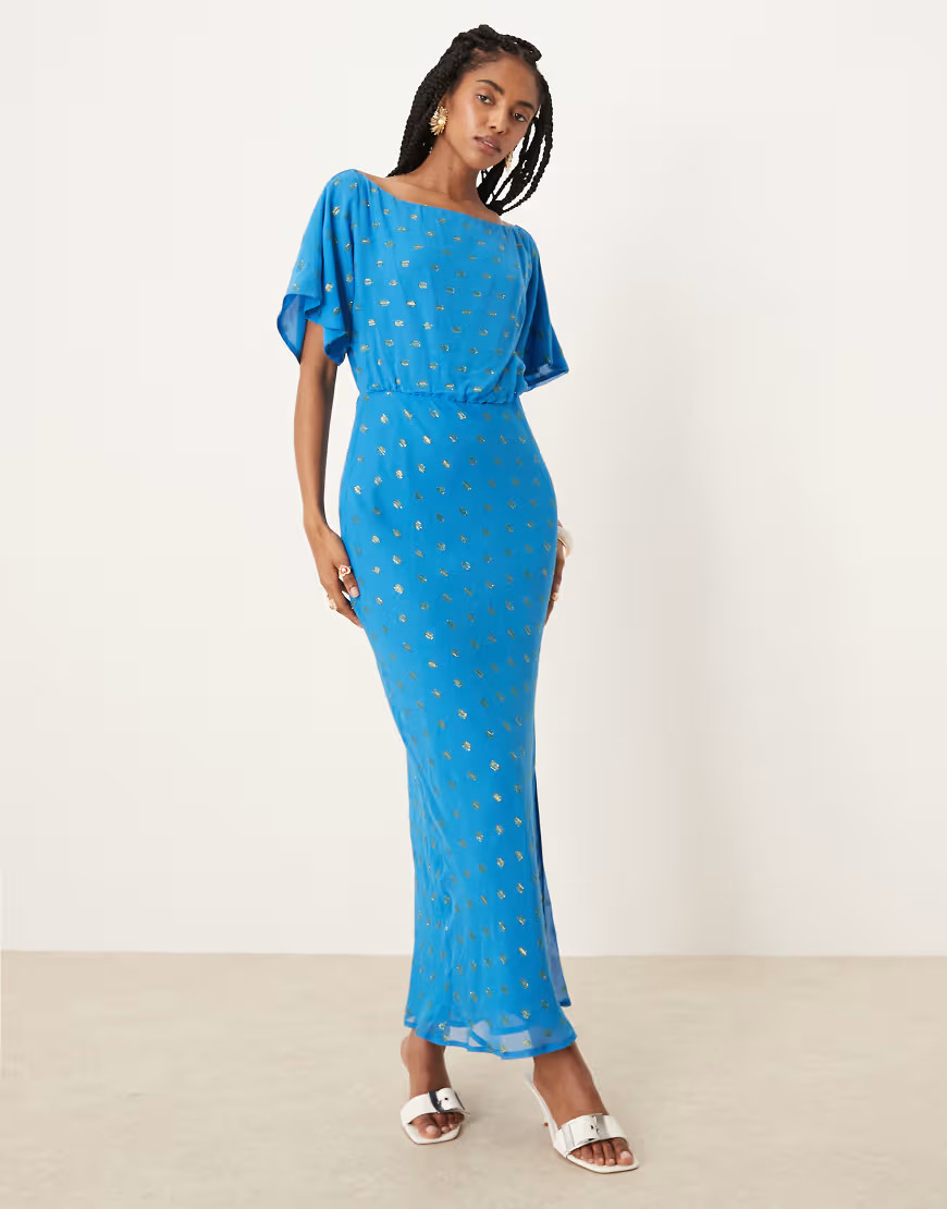 Never Fully Dressed Tilly metallic plisse maxi dress in blue | ASOS (Global)