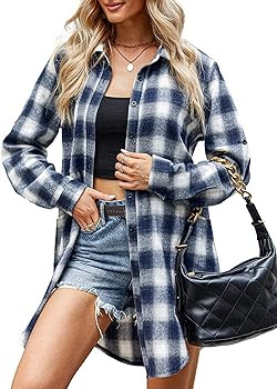 HOTOUCH Womens Flannel Plaid Shirts Roll Up Long Sleeve Mid-Long Casual Boyfriend Shirts with Poc... | Amazon (US)