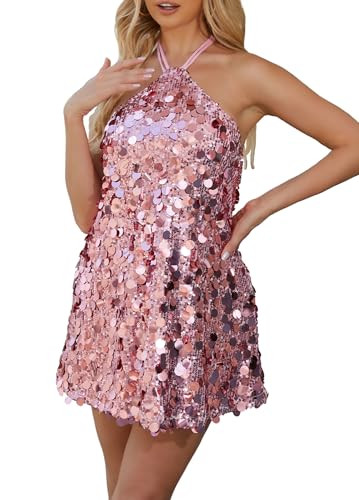 hibshaby Women's Sequin Sparkly Glitter Dress Halter Neck Sexy Sleeveless Backless Party Club Pink Mini Dresses | Amazon (US)