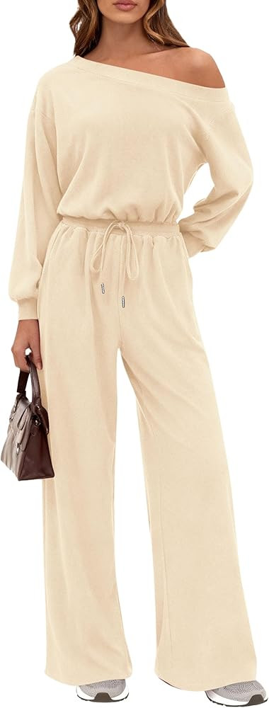 PRETTYGARDEN Long Sleeve Jumpsuit For Women Dressy 2025 Off Shoulder One Piece Loose Wide Leg Jum... | Amazon (US)