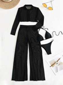 Plain Halter Triangle Bikini Swimsuit With Cover Up Set
   SKU: sw2202289519474994      
        ... | SHEIN