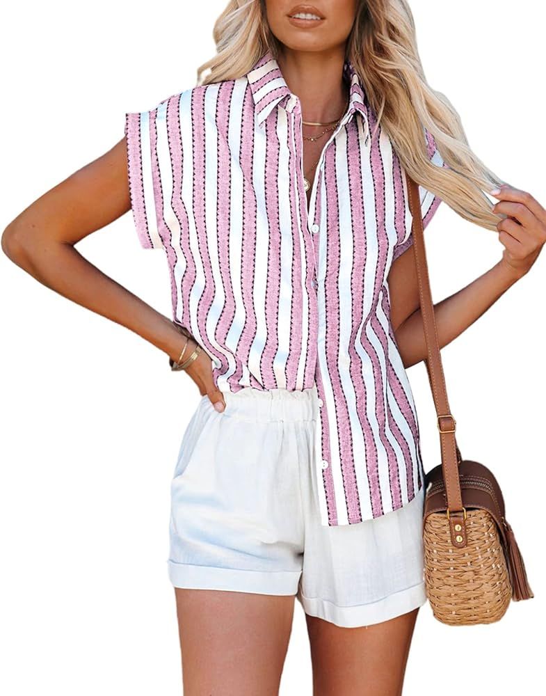 PRETTYGARDEN Women's Short Sleeve Button Down Shirts Striped V Neck Collared Summer Loose Casual ... | Amazon (US)