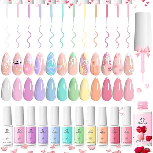 Beetles Pastel Gel Liner Nail Polish Set, 12 Colors Spring Sheer Pink Nude Blue Purple White Yellow Orange French Line Swirl Nail Art Gel Polish Soak Off Uv Lamp Manicure Gifts for Women | Amazon (US)