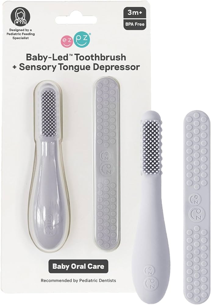 ezpz Baby-Led Toothbrush + Tongue Depressor Dual Pack (Pewter) - 100% Silicone Toothbrush + Silic... | Amazon (US)
