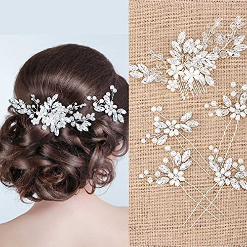Yeshone 5 Pieces Wedding Hair Comb Bridal Pins Crystal Pearl Wedding Hair Accessories Rhinestone Flower Piece for Bride Bridesmaids Women(Silver) | Amazon (US)