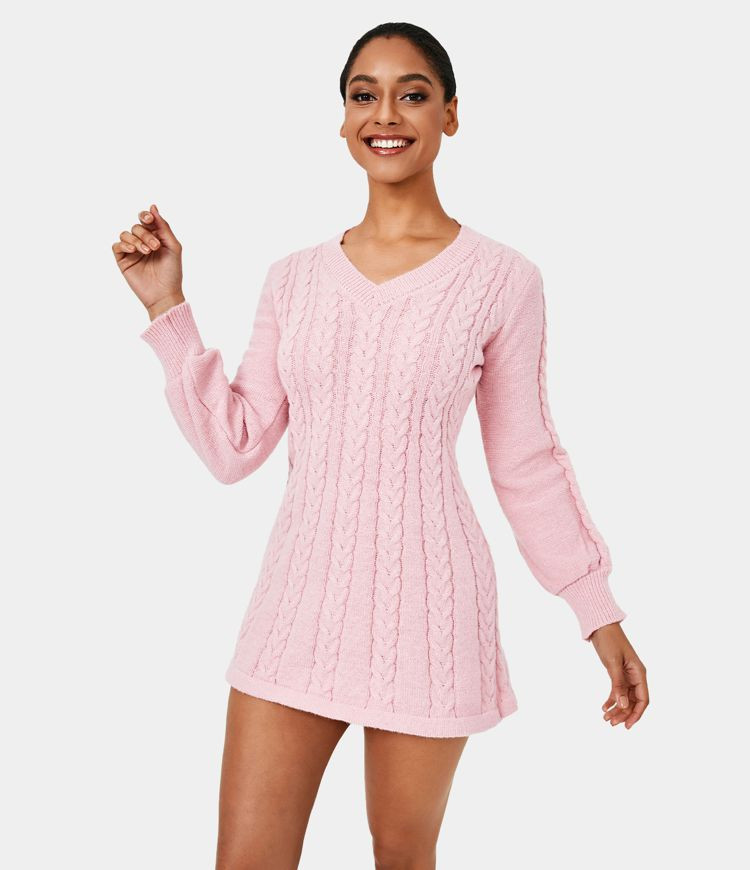 Everyday V Neck Long Sleeve Mini Sweater Chill Dress | HALARA