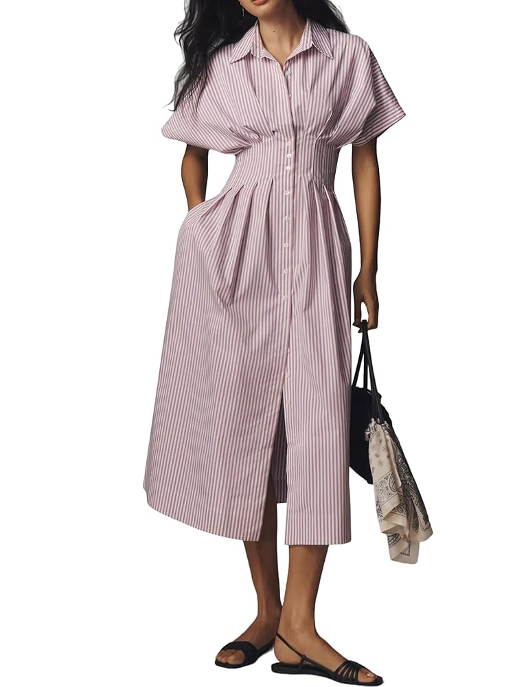 Striped Button Pleated Shirt Maxi Dress for Women Summer Short Sleeve Collar V Neck Corset Long D... | Amazon (US)