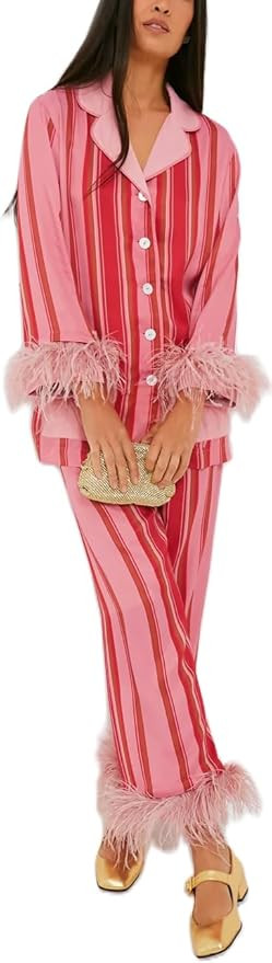 Creaion Women's Christmas Silk Pjs Satin Pajama Set 2 Piece Sleepwear Long Sleeve Button Down Shi... | Amazon (US)