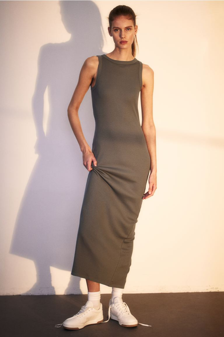 Ribbed Bodycon Dress - Boat Neck - Sleeveless - Khaki green - Ladies | H&M US | H&M (US + CA)