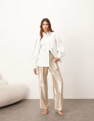 ARRANGE embellished sequin tailored straight leg pants in cream | ASOS (Global)