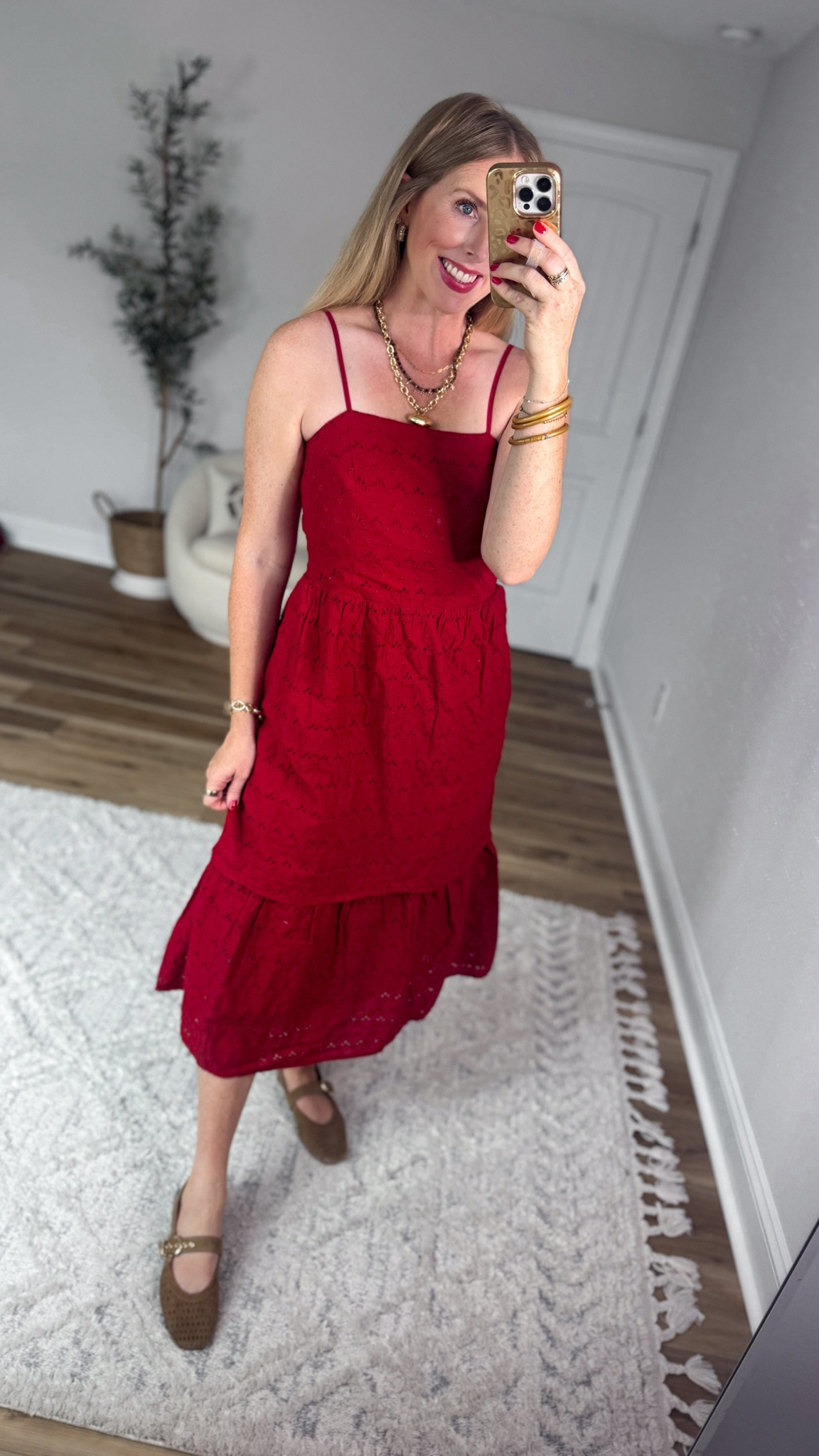 Weekend Walmart Wins try on 
Red eyelet midi dress- small
