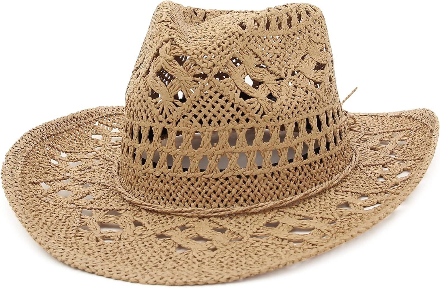GEMVIE Cowboy Cowgirl Summer Straw Hat Wide Brim Hollow Out Cowboy Beach Sun Hats for Women Ladie... | Amazon (UK)