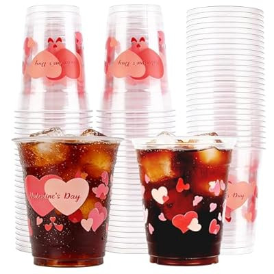 DEALIGHT 50 Pcs 12oz Valentine's Day Plastic Cups Clear Disposable Cups with… | Amazon (US)