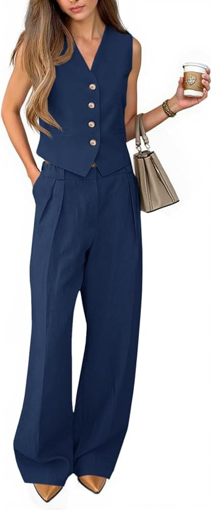 Cicy Bell Women's 2 Piece Outfits V Neck Pants Sets Crop Vest Blazer and Wide Leg Suit | Amazon (US)