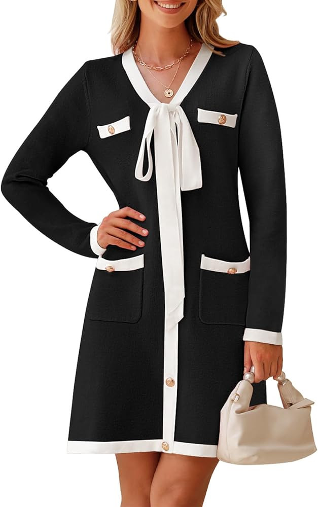 MEROKEETY Women Long Sleeve Color Block Sweater Dress Button Bow Tie Elegant Formal Work Mini Dre... | Amazon (US)