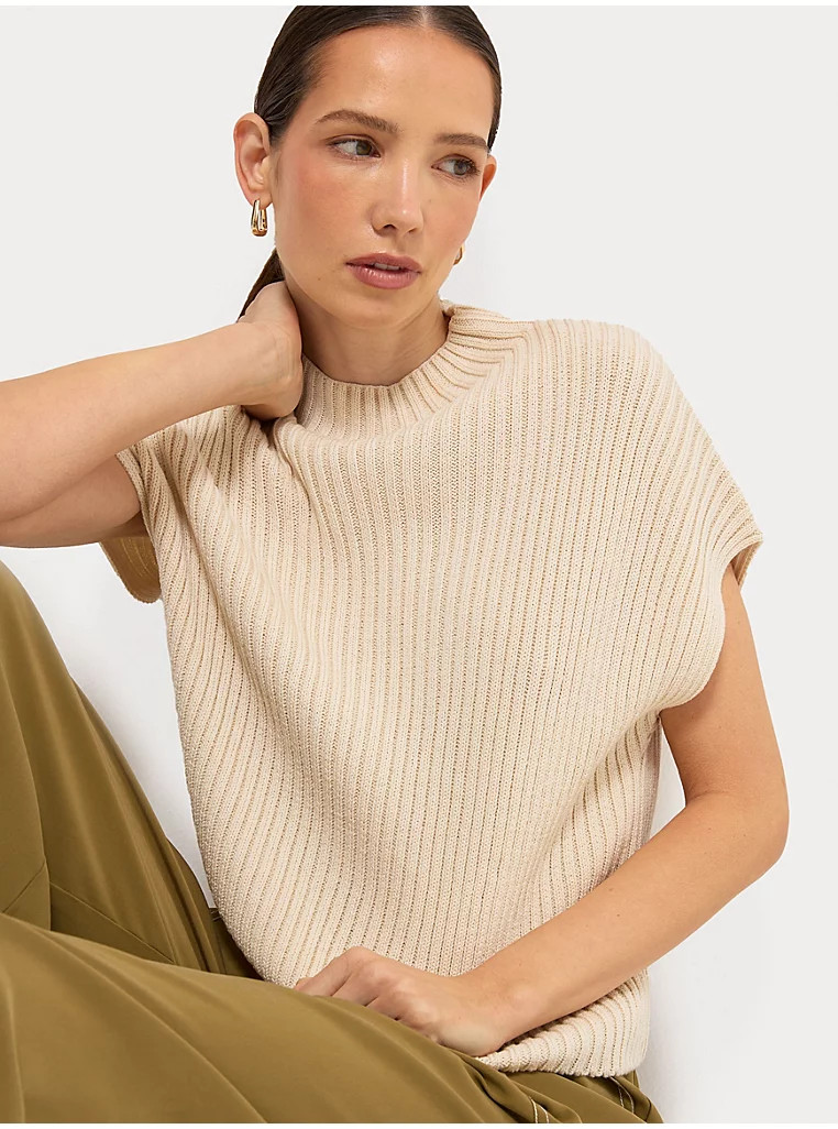 Cream High Neck Sleeveless Ribbed Knitted Top | George