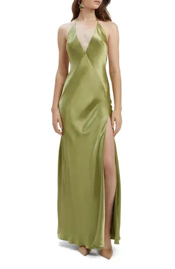 Bardot Yve Satin Halter Dress in Khaki at Nordstrom Rack, Size 10 | Nordstrom Rack