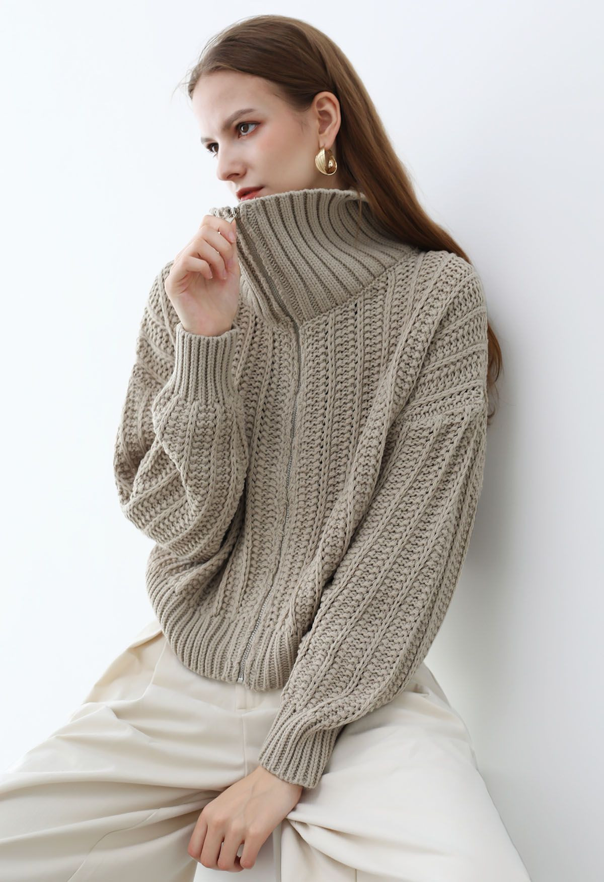 High Neck Chunky Knit Zip Up Cardigan in Khaki | Chicwish