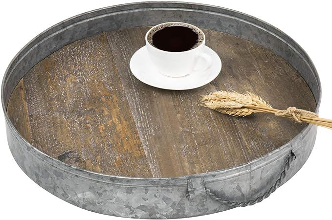 MyGift 16.5 Inch Round Rustic Galvanized Metal & Distressed Wood Serving Tray | Amazon (US)