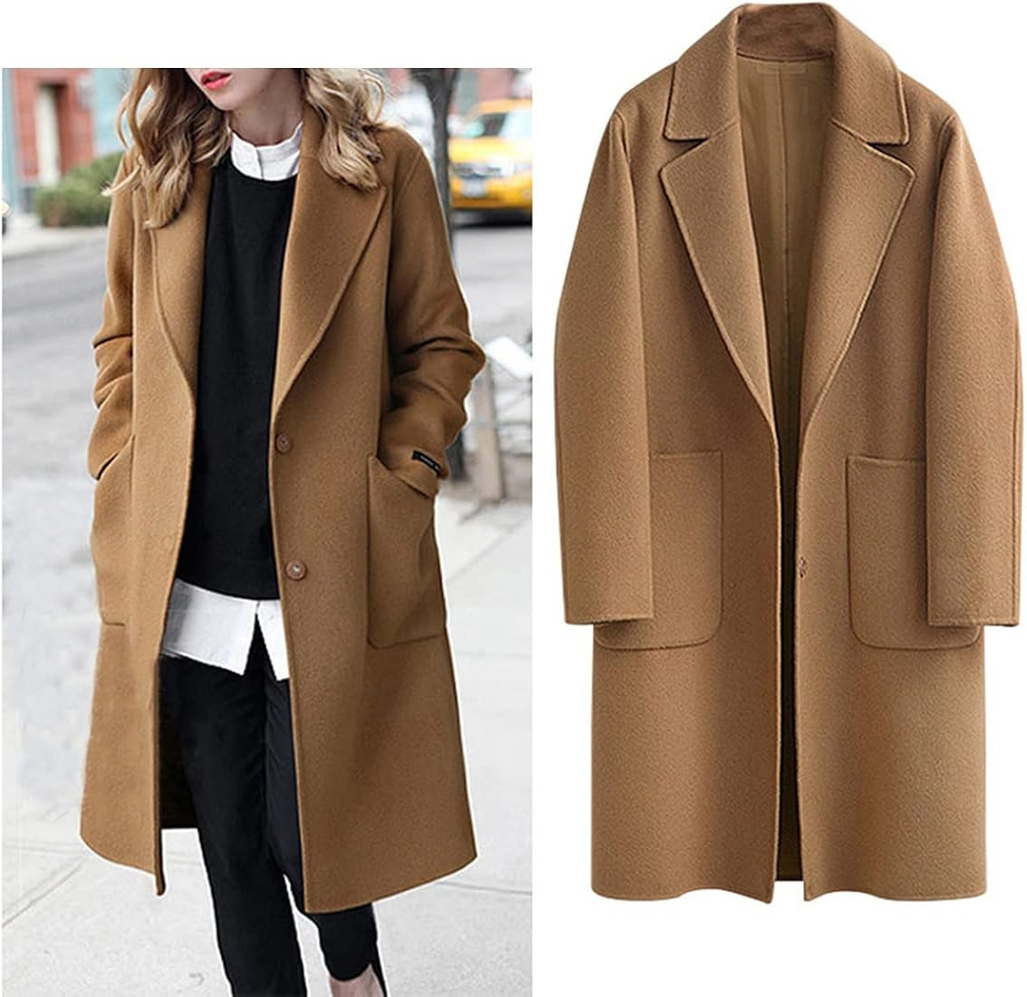 Omoone Women's Notched Lapel Wool Coats Mid Long Button Pea Coats Warm Thicken Trench Jacket | Amazon (US)
