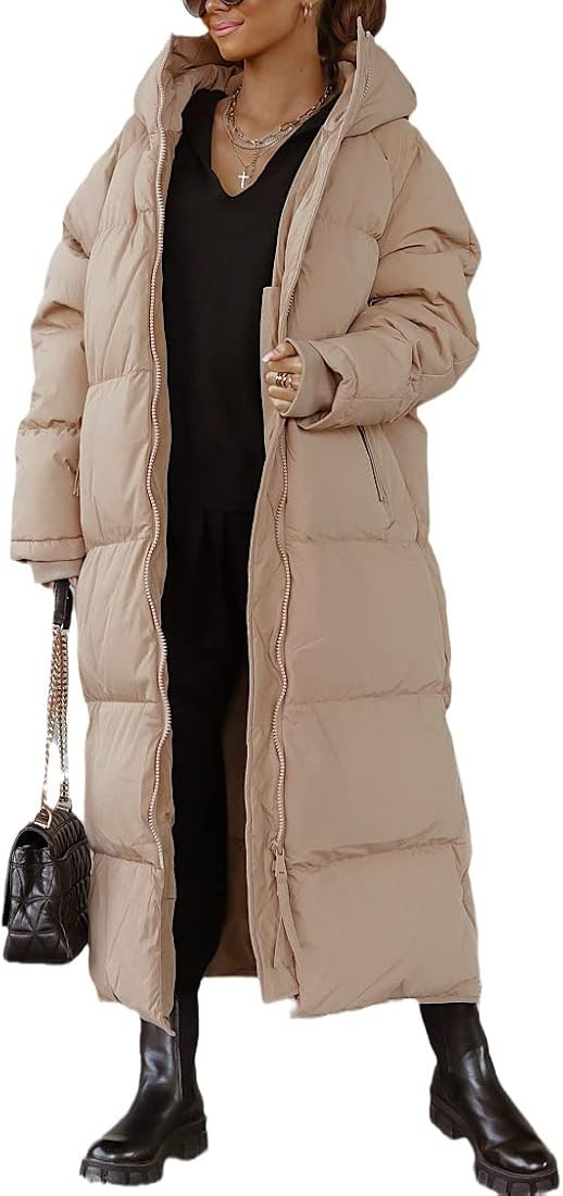 Women Long Quilted Coat Hooded Maxi Length Long Sleeve Puffer Jacket Padded Coat Winter Outerwear | Amazon (US)
