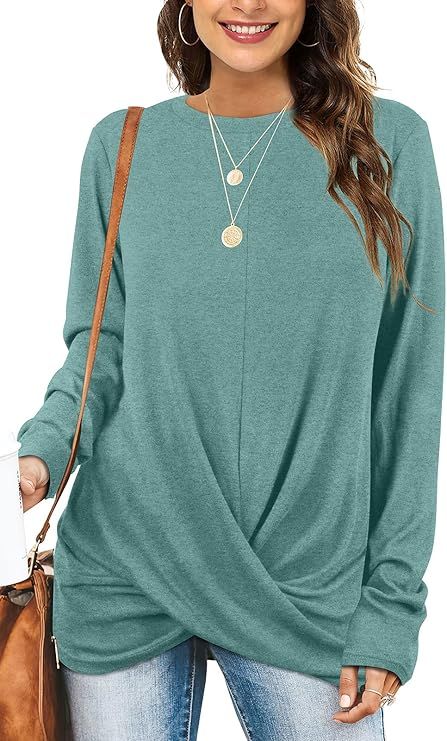 Tunic Tops For Leggings For Women Twist Front Long Sleeve Crew Neck Shirts | Amazon (US)