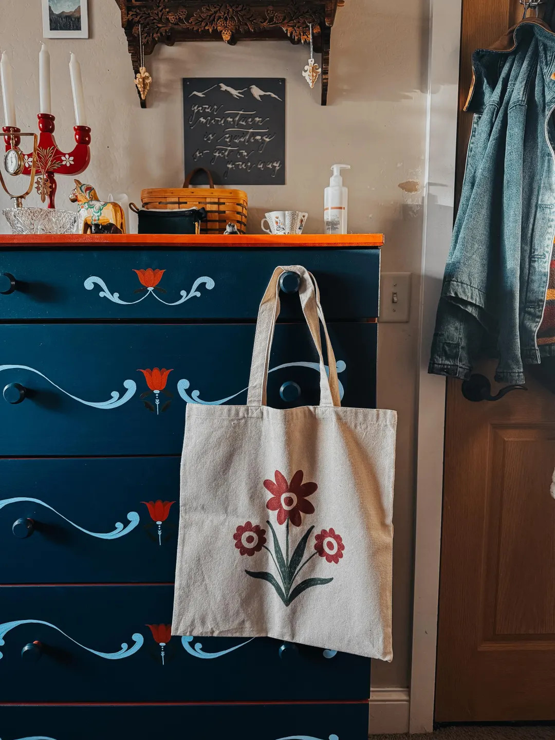Vintage Floral Folk Art Tote Bag: Scandinavian Style Cotton Canvas - Etsy | Etsy (US)