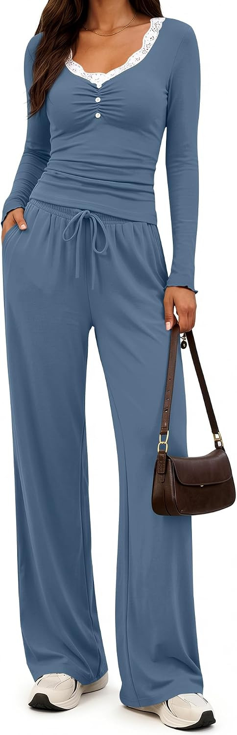 Women's 2 Piece Lounge Set V Neck Tops Wide Leg Pants with Pockets | Amazon (US)