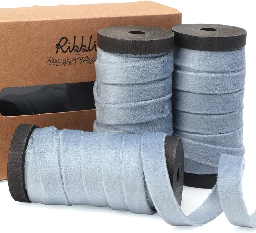 Ribbli Dusty Blue Velvet Ribbon 3 Rolls Double Faced 3/8 Inch 18-Yard with Wooden Spool Use for C... | Amazon (US)