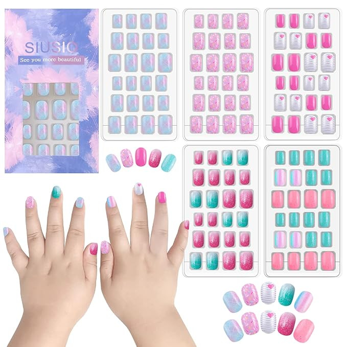 SIUSIO 120 Pcs 5 Pack Children Acrylic Fake Nails Press on Pre-glue Full Cover Glitter Gradient C... | Amazon (US)