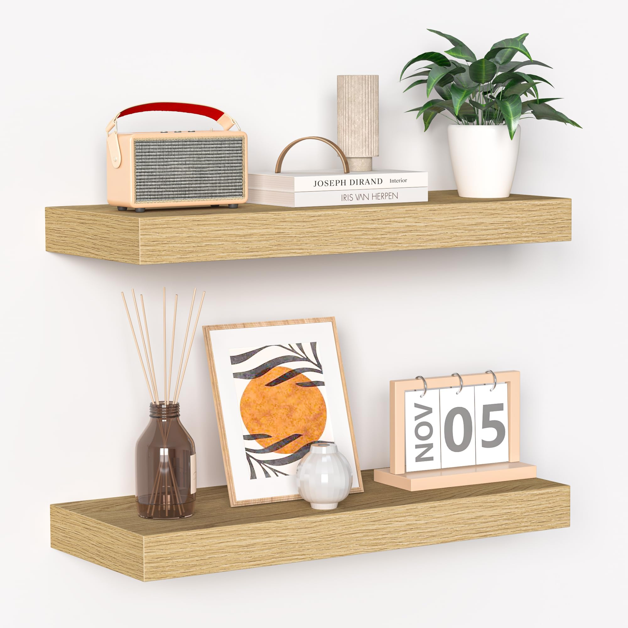 Fun Memories Floating Shelves - 16 Inch Wall Shelf for Decor & Storage - Wall Mounted Display Shelving with Invisible Heavy Duty Metal Bracket 2Pack, Oak | Amazon (US)