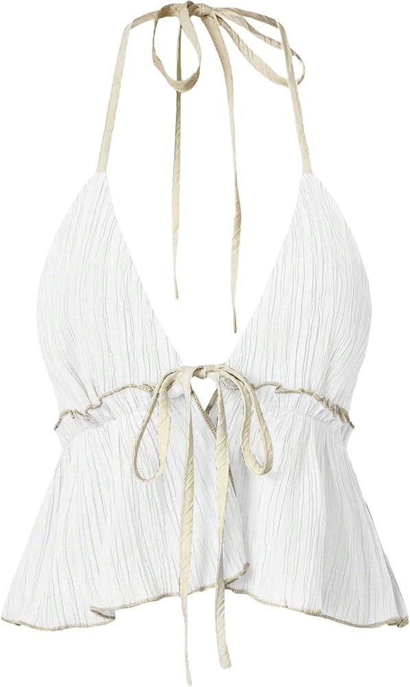OYOANGLE Women's Sleeveless V Neck Tie Backless Asymmetrical Ruffle Hem Halter Top Tie Front Crop... | Amazon (US)
