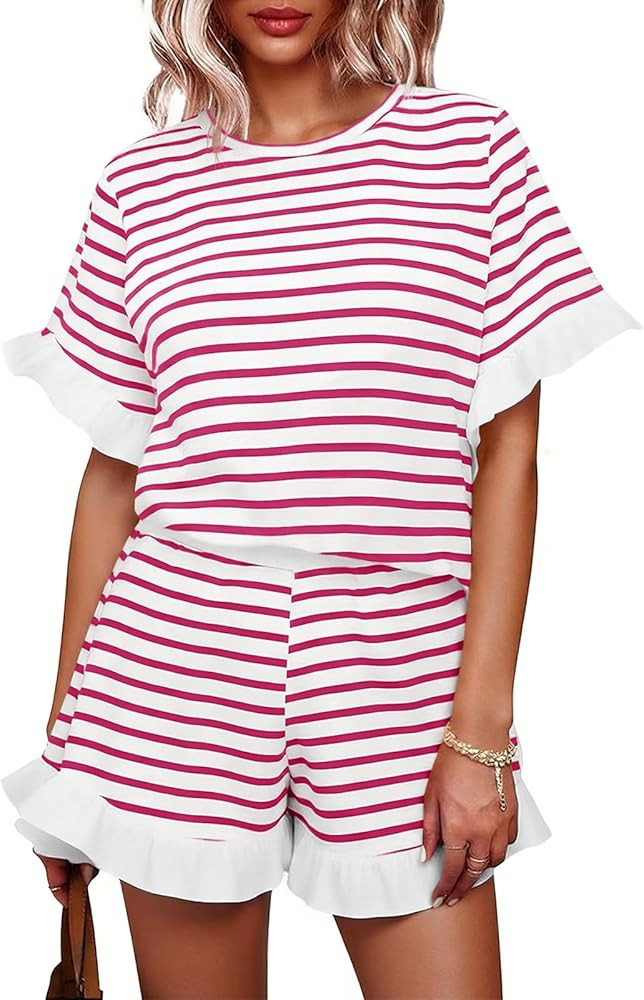 Tankaneo Womens 2 Piece Striped Shorts Set Ruffle Short Sleeve Tops Hight Waist Shorts Matching S... | Amazon (US)