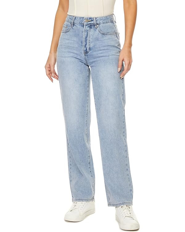Straight Leg Jeans for Women High Waisted Relaxed Fit Button Fly Distressed Boyfriend Mom Jeans | Amazon (US)