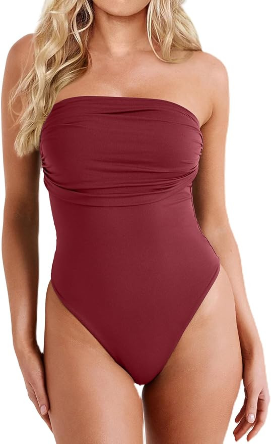 Women's Sexy Strapless Tube Top Bodysuit Ruched Sleeveless One Piece Body Suit Leotard Tops | Amazon (US)