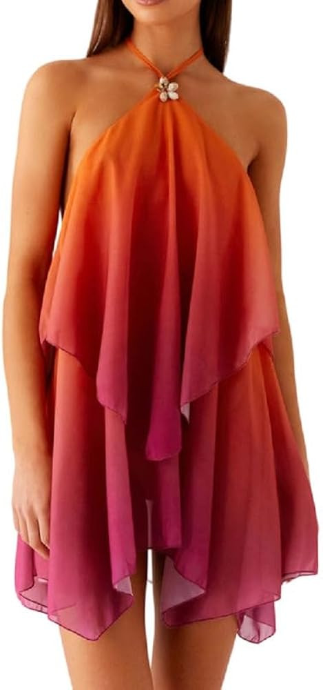ROAONOCOMO Women Ruffle Halter Neck Mini Dress Mock Neck Open Back Tiered Dress Y2K Mesh Layered ... | Amazon (US)