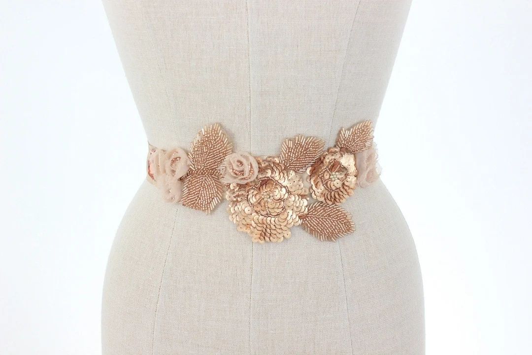 Rose Gold Bridal Belt Floral Bridal Belt Blush Pink Wedding Sash Beaded Flower Belt Embroidered V... | Etsy (US)