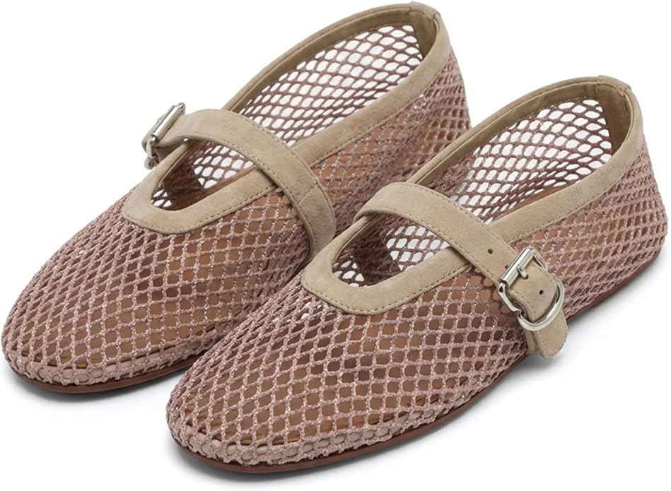 Women's Mesh Ballet Flats Buckle Strap Comfortable Ballerina Shoes Ladies Clear Fishnet Wide Widt... | Amazon (US)