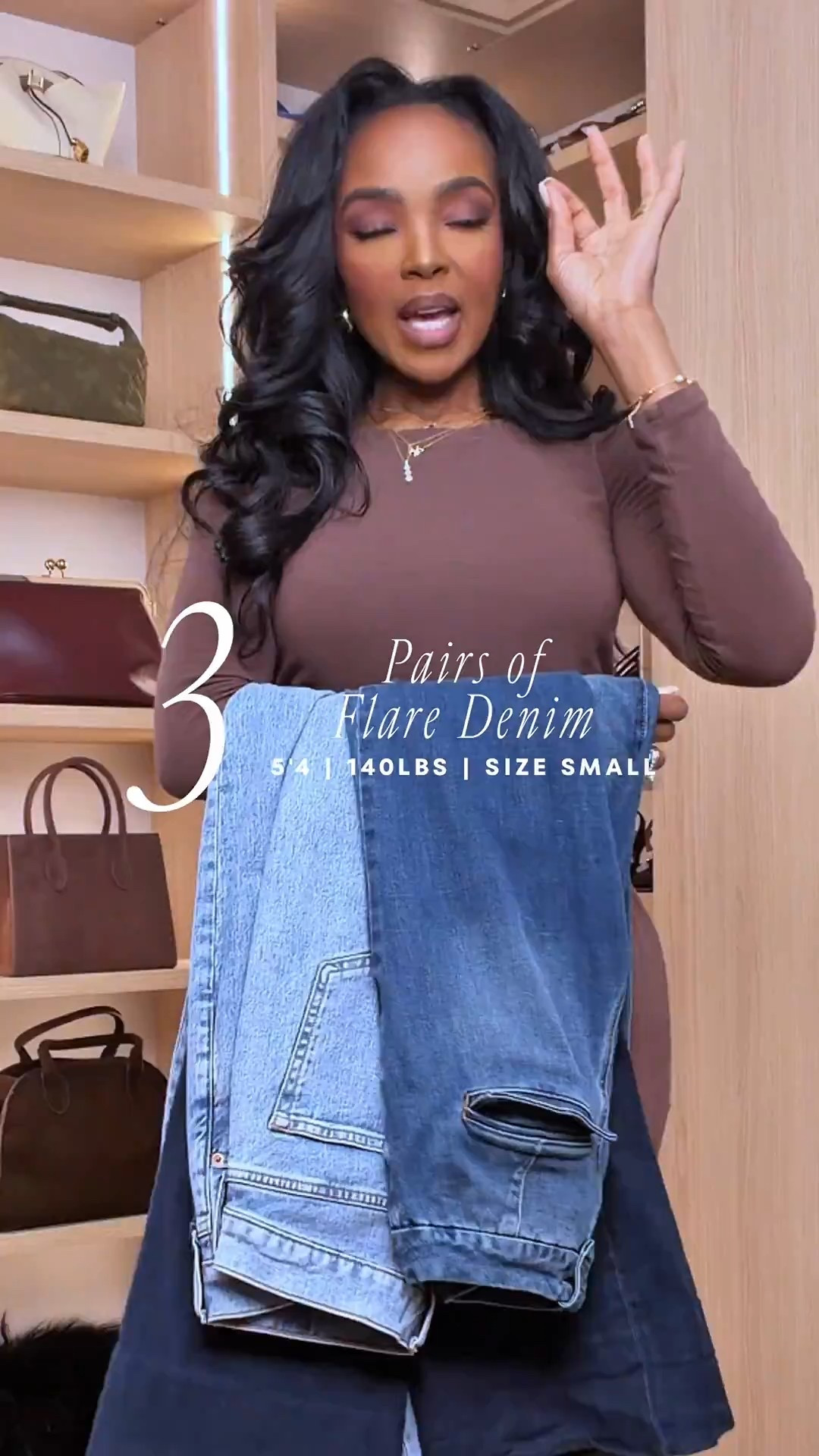 If you’ve been on the fence about flares, this is your sign 🤍

All in a 2 long or small long 

They’re one of the most flattering denim styles you can own — cinched at the waist, smoothing through the hips, and elongating the legs.

I’m sharing my three go-to washes:
	•	Light wash with a raw hem for everyday wear
	•	Medium wash with the cutest back pockets (so flattering from behind)
	•	Dark wash — polished, elevated, and the pair that sold me on flares

These are the jeans you reach for when you want to look put-together without trying too hard. Easy to dress up or down and perfect for building a versatile denim wardrobe.

Everything is linked below to shop.
Wearing a size small for reference (5’4”, 140 lbs).
