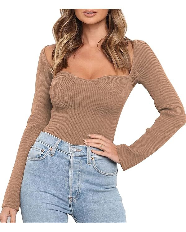 LILLUSORY Women's Sweetheart Neckline Sweater Ribbed Knit Slim Fit Pullover Tops | Amazon (US)