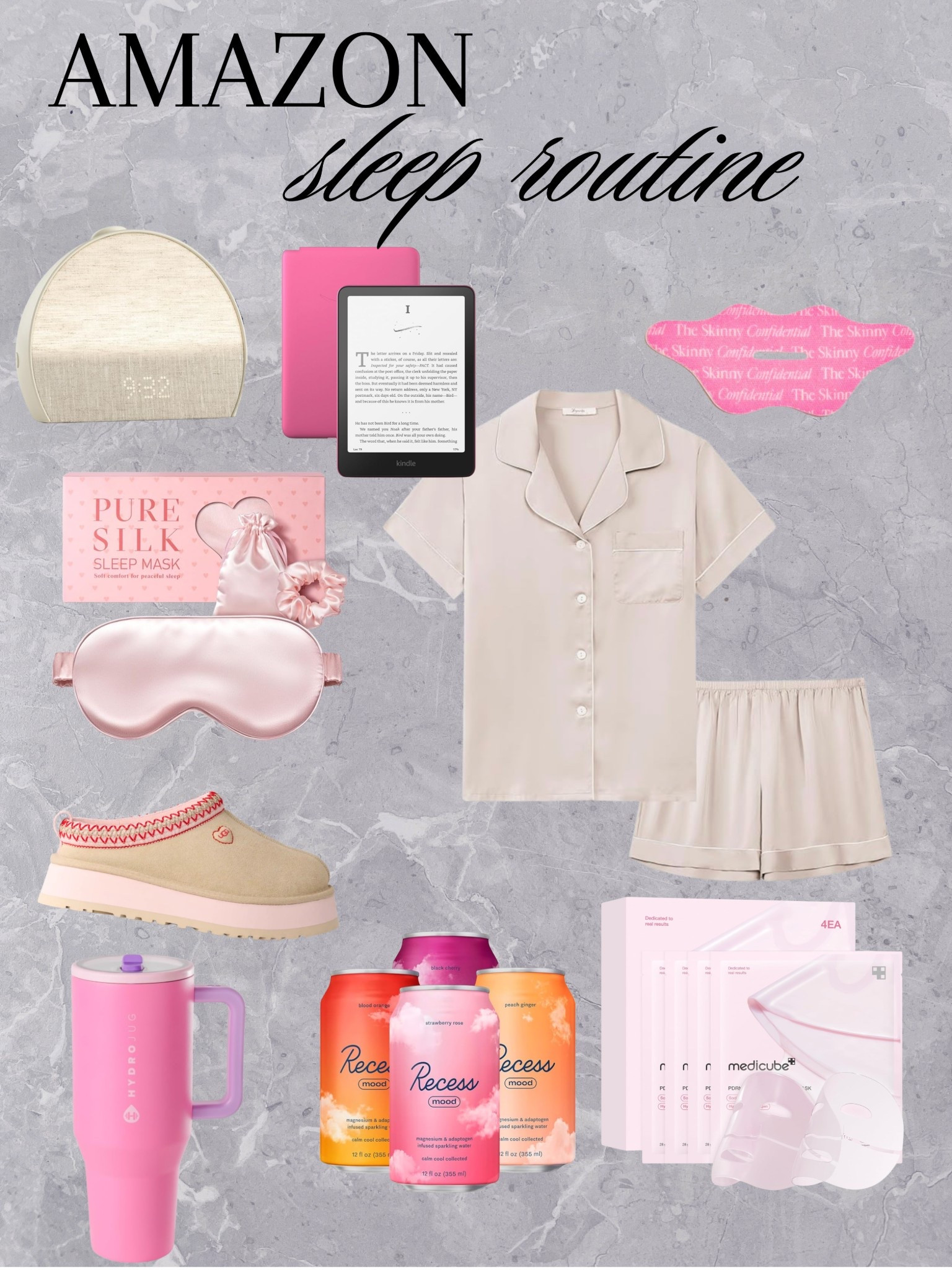 Amazon Sleep Routine Essentials 🌙✨ Cozy Night In Must-Haves for the Perfect Wind Down

Creating the ultimate cozy night routine with my favorite Amazon sleep essentials 💕 From a chic beige satin pajama set and ultra-soft pink pure silk sleep mask to a sunrise alarm clock and Kindle for nighttime reading, this aesthetic wind-down lineup is all about comfort and relaxation. I’m slipping into comfy shearling slippers, sipping a calming Recess mood drink from my pink HydroJug tumbler, and finishing with a Medicube sheet mask for glowing skin by morning. These Amazon finds are perfect for building a calming bedtime routine, romanticizing your evenings, and upgrading your self-care nights.
 @amazonfindsandfashion  @Hatch @Kiinde 

#LTKdayinmylife #LTKBeauty #LTKselfcare