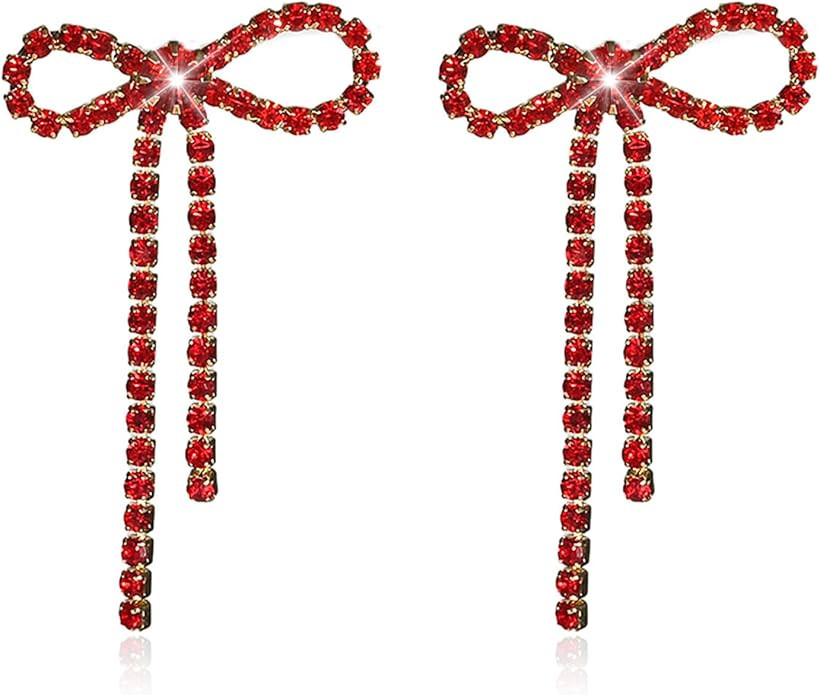 Bow Earrings for Women Trendy Sparkly Rhinestone Long Tassel Bowknot Earrings Cute Ribbon Drop Ea... | Amazon (US)
